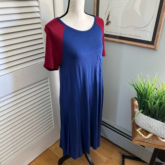 LULAROE Womens Dress Small Blue Red Carly Color Block Jersey Knit Casual Midi - Picture 4 of 11